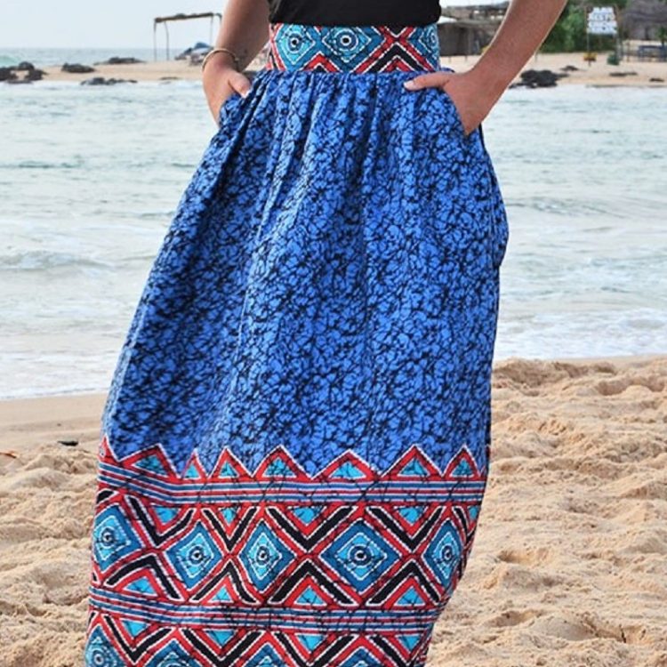 jupe longue en tissu wax, tissu africain motif Yoff Dakar Sénégal