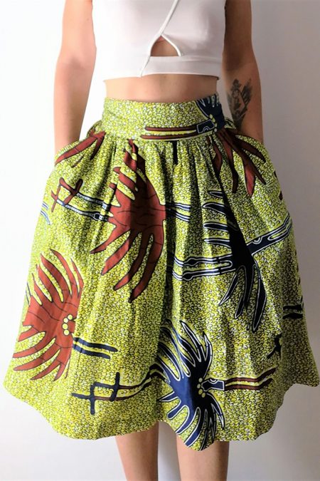jupe midi, jupe mi longue en tissu wax, tissu africain motif Picca Dakar Sénégal