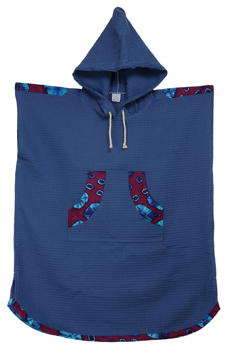 poncho de plage, sortie de bain, poncho surf en coton nid d'abeille avec pochette en wax. Modèle adulte et enfant
