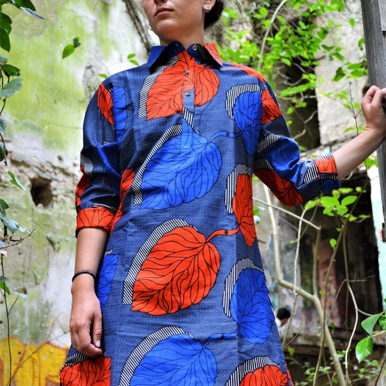 robe chemise, tunique en tissu wax, tissu africain motif leaf Dakar Sénégal