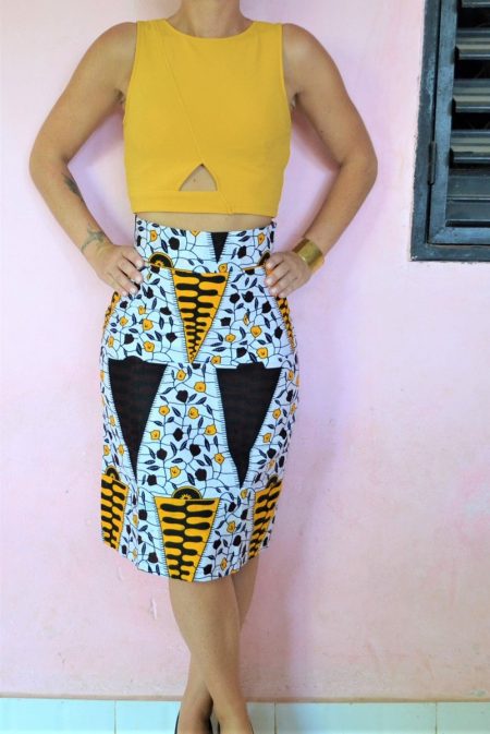 jupe droite, jupe crayon, jupe taille haute en tissu wax, tissu africain motif Somone Sénégal