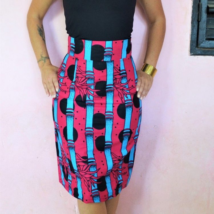 jupe droite, jupe crayon, jupe taille haute en tissu wax, tissu africain motif Joal Sénégal