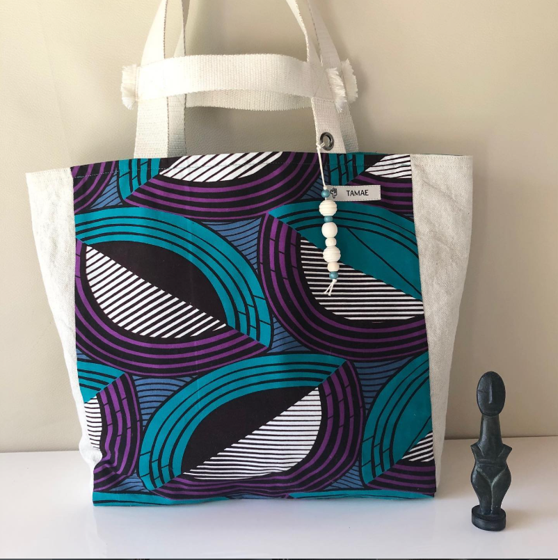 Magnifique sac cabas en tissu wax et lin creation fait main - Tamae Creation