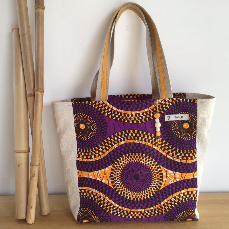 sac cabas en tissu wax et tissu lin création unique tamae création